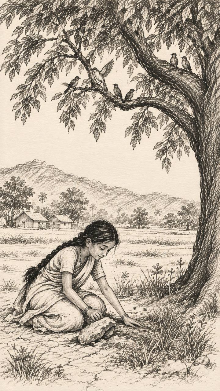 A girl kneeling under a tamarind tree, her hand flat on the soil, birds in the branches above.